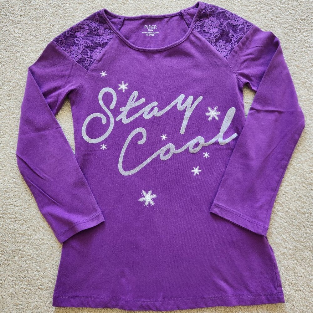 Girls Long Sleeve Purple Tee 💜 “Stay Cool” Graphic, Lace Accents – Like New